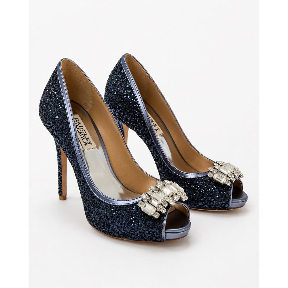 Badgley Mischka Alter II Blue Glitter Jewel Peep Toe Pumps - Picture 10 of 10